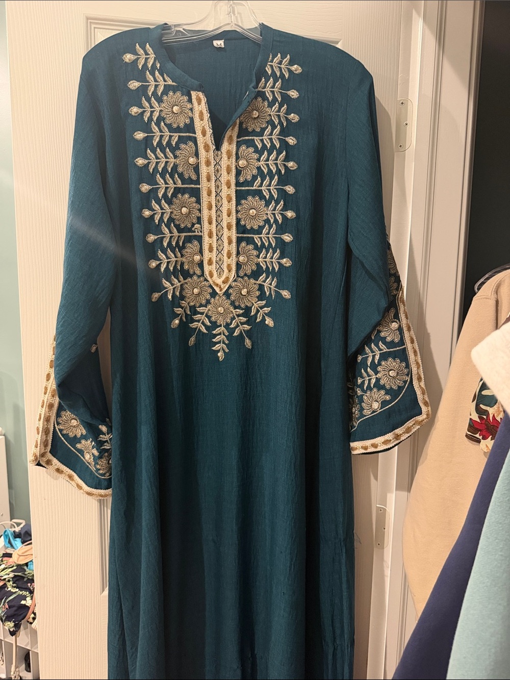 Abaya Syrian Embroidered Teal Tunic with Gold Floral Detail